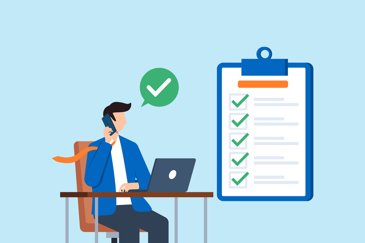 Flat illustration of business consultant solving issues on phone call with checklist and laptop in office support task completion can-an-answering-service-help-reduce-missed-sales-opportunities